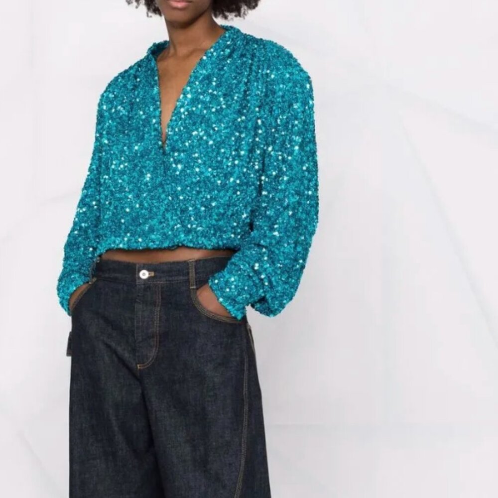 ROTATE BIRGER CHRISTENSEN Aurelia Sequin Embellished‎ blouse 10 Teal Cropped
